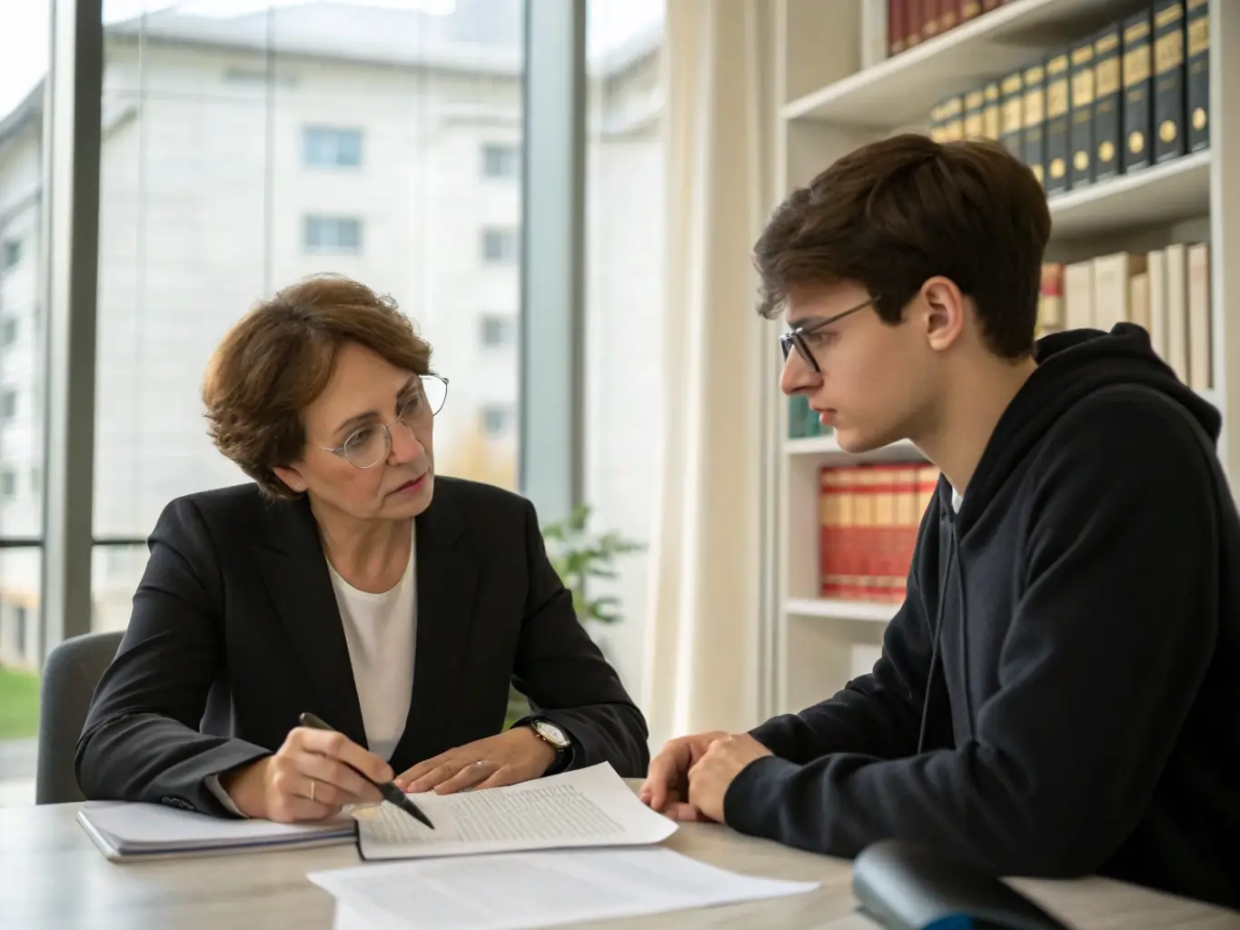A responsive emergency legal assistance scene showing a distressed tenant speaking with a lawyer, with a phone and text message interface, emphasizing urgent support for eviction defense.