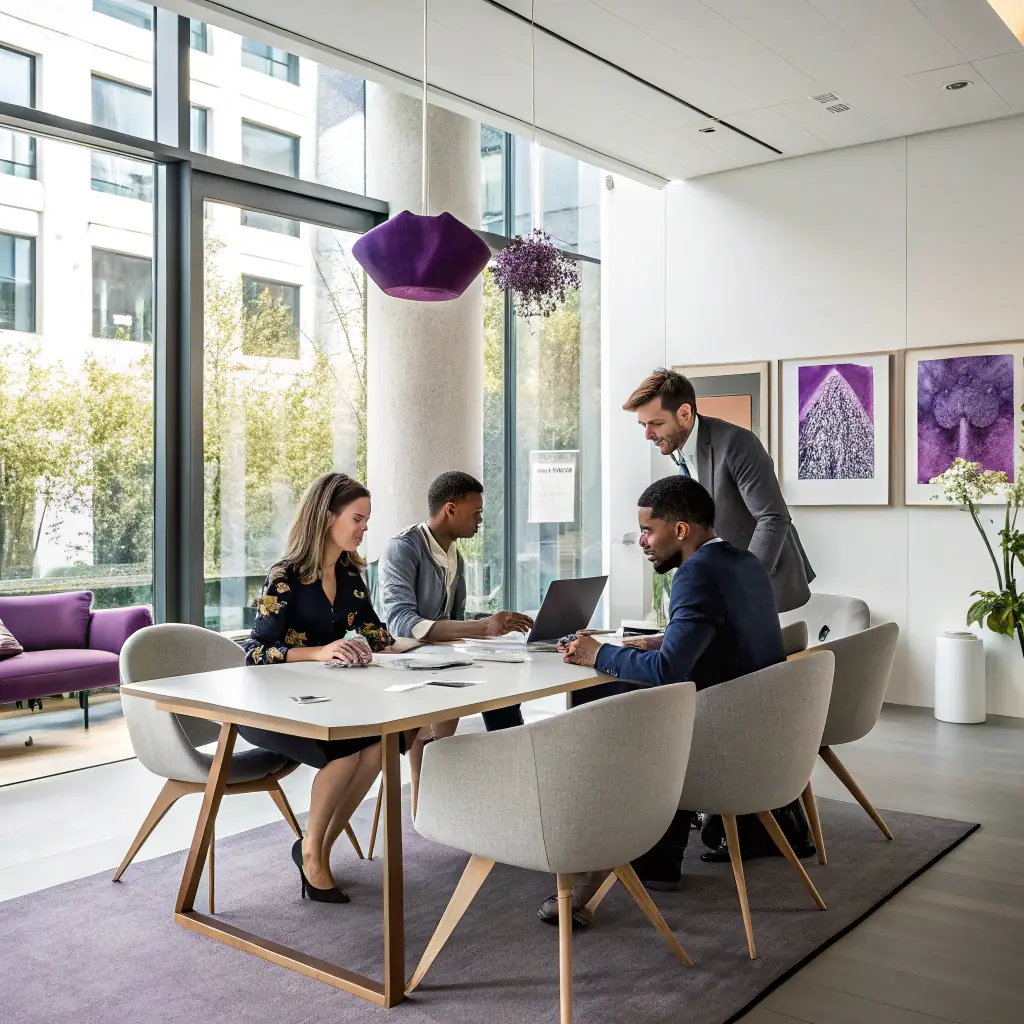 A modern office space with a team collaborating on digital marketing strategies, reflecting LEMAY CONSULTING's collaborative and innovative approach.