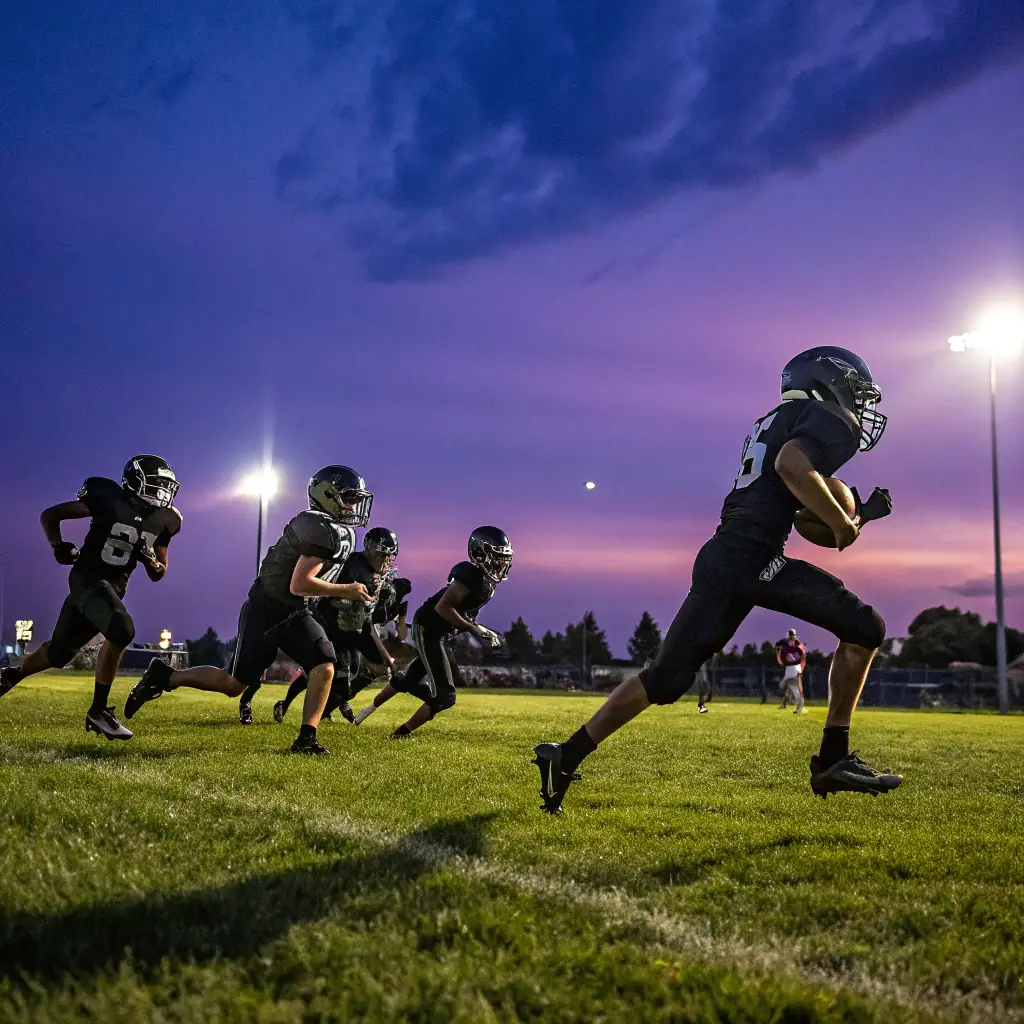 Action shot of Michigan Arsenal players in a dynamic arena football game, showcasing teamwork and intensity. The image should capture the energy and excitement of arena football, with players in full gear making a play.
