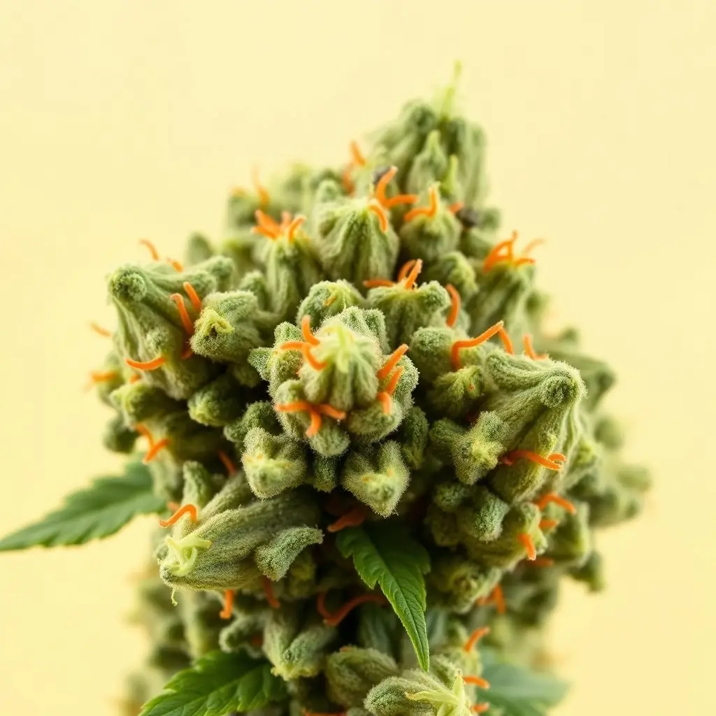 Close-up of Trainwreck cannabis flower, showcasing its vibrant green buds and orange pistils, covered in trichomes.