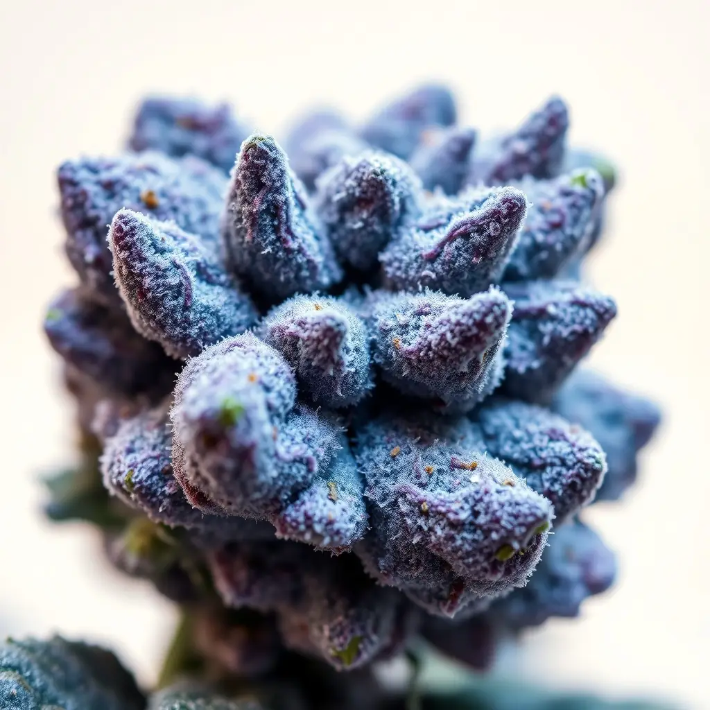A close-up shot of Blue Raz Flower, a cannabis strain with blue and purple hues, covered in trichomes.