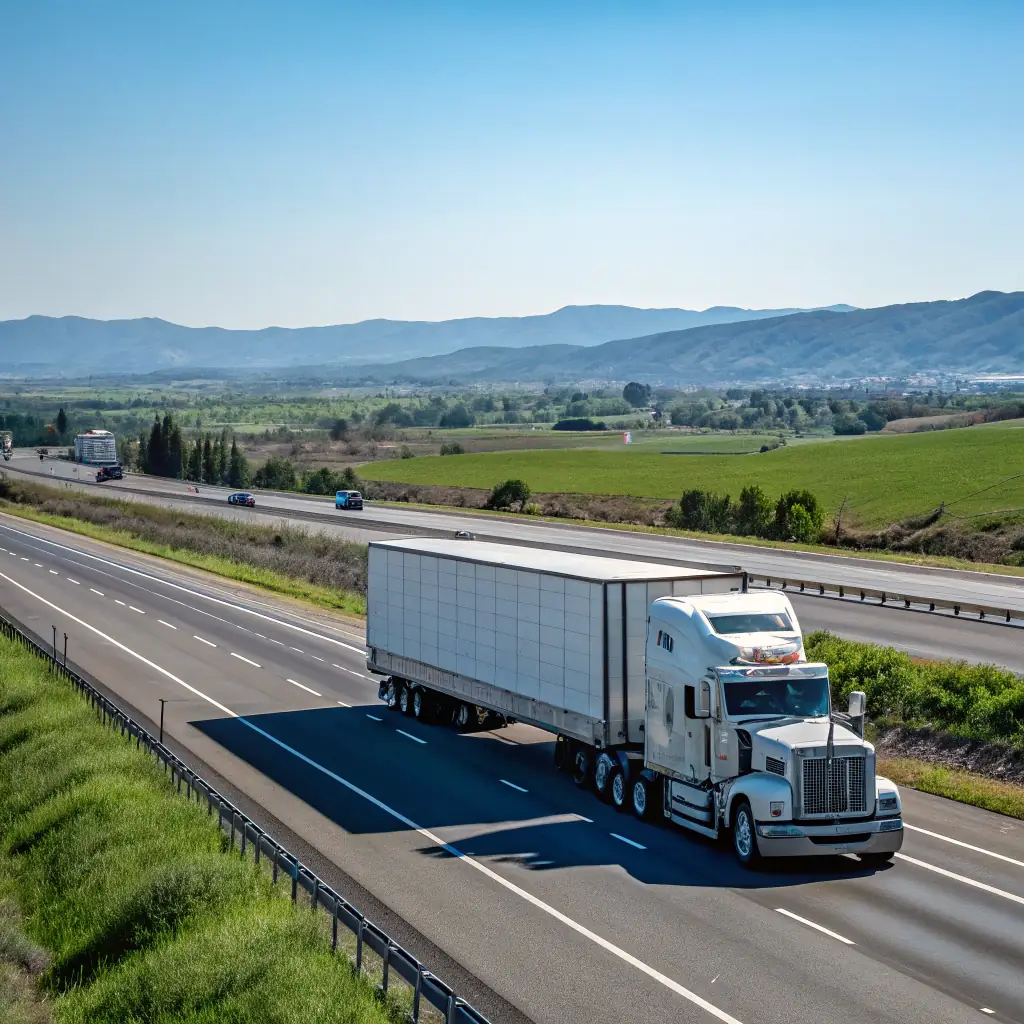 A semi-truck driving on a highway with a clear blue sky in the background, symbolizing efficient freight transportation and the open road. The image should convey a sense of reliability and freedom.