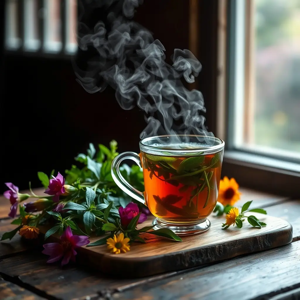 Image of a steaming cup of VitalBrew tea with visible herbs and natural ingredients, placed on a rustic wooden table with sunlight filtering through.