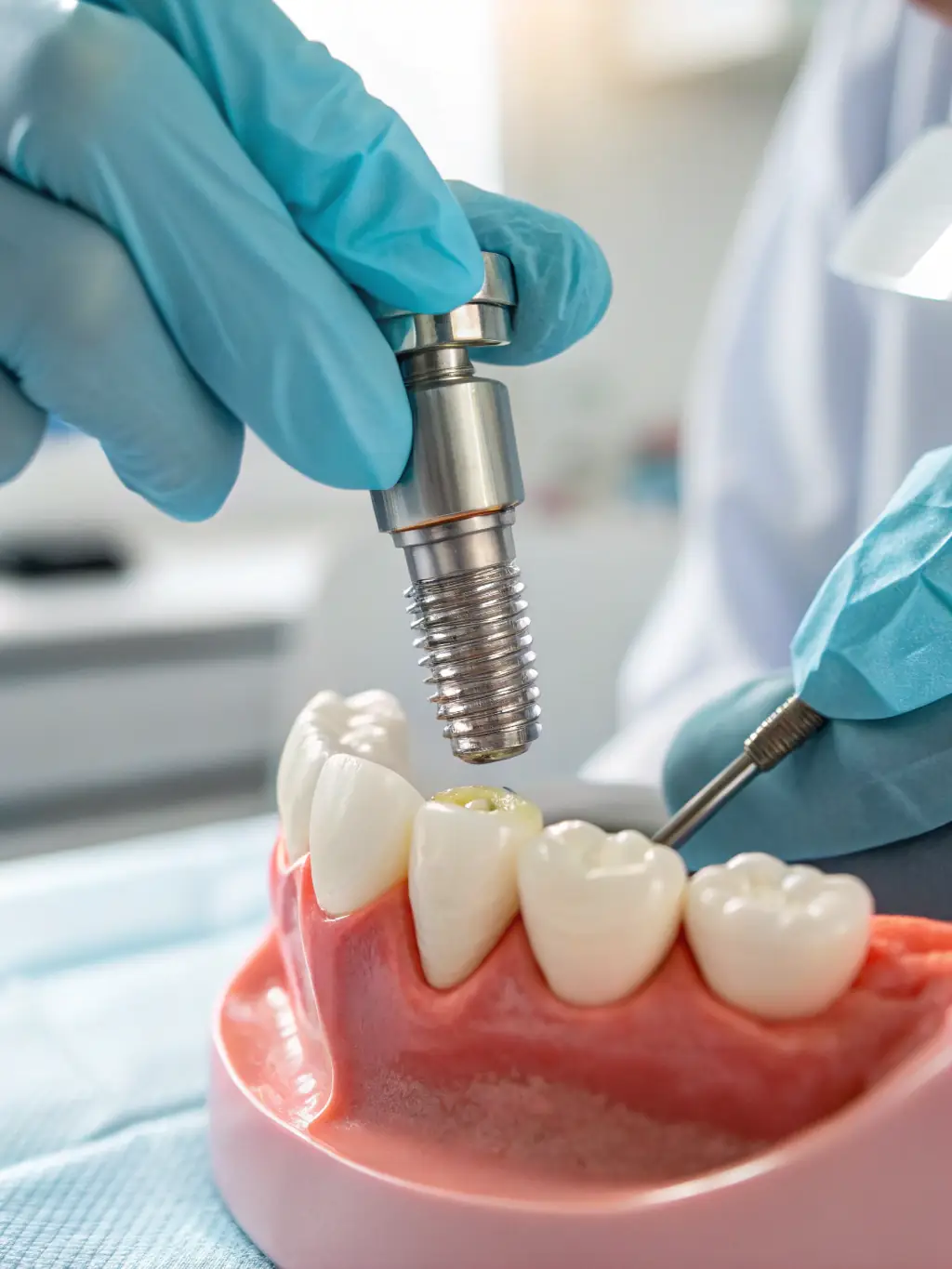 A dentist carefully placing an immediate implant into a freshly extracted tooth socket, showcasing the efficiency and reduced treatment time of this technique.