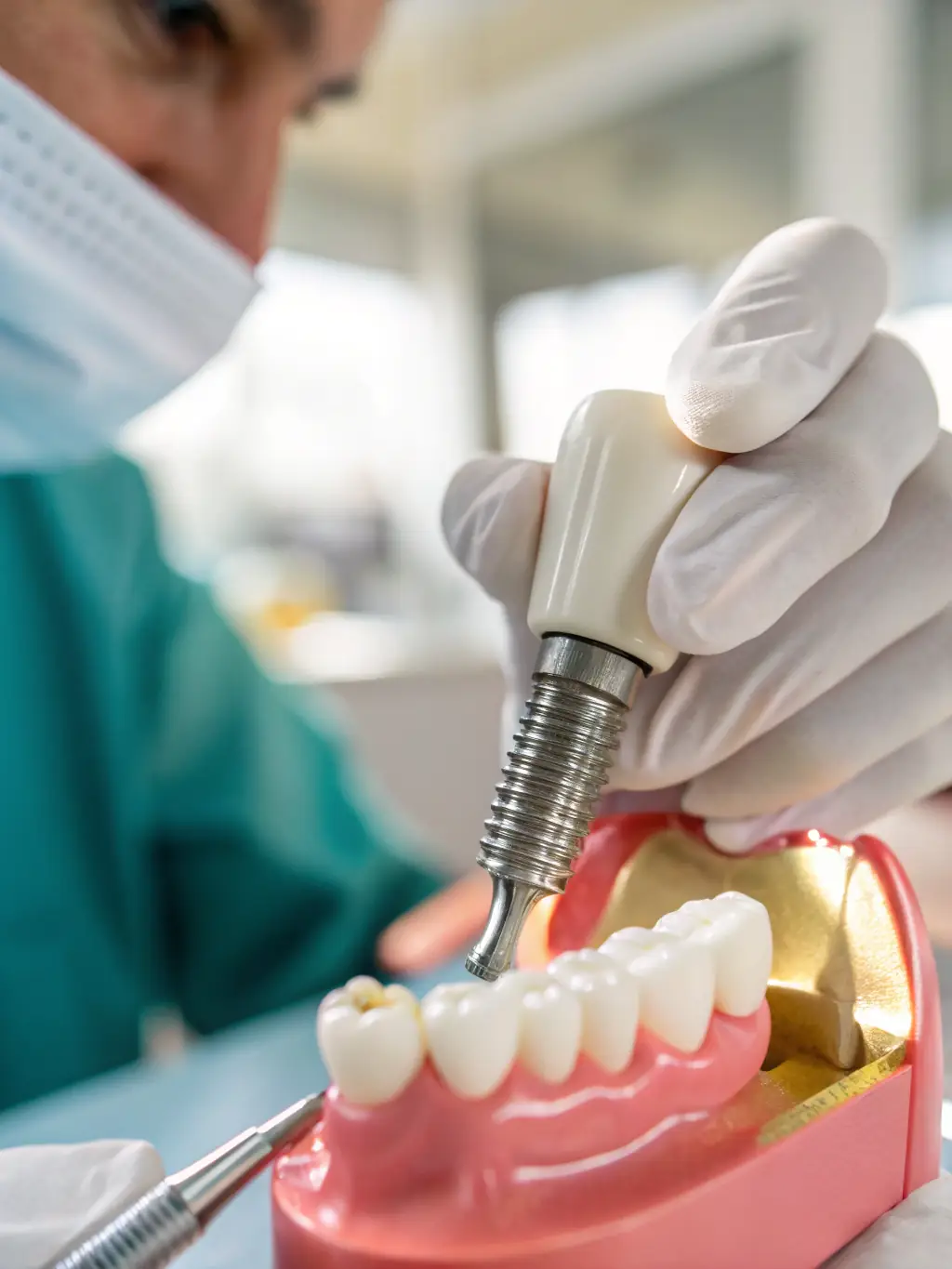 A close-up shot of a single dental implant seamlessly integrated into the jawbone, with a natural-looking crown attached, in a bright and sterile dental clinic setting.