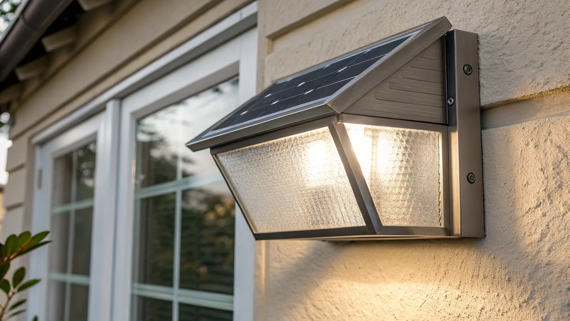 A high-resolution image of a modern solar wall light installed on a building facade, showcasing sleek design and smart features, suitable for the hero image of the portfolio section.