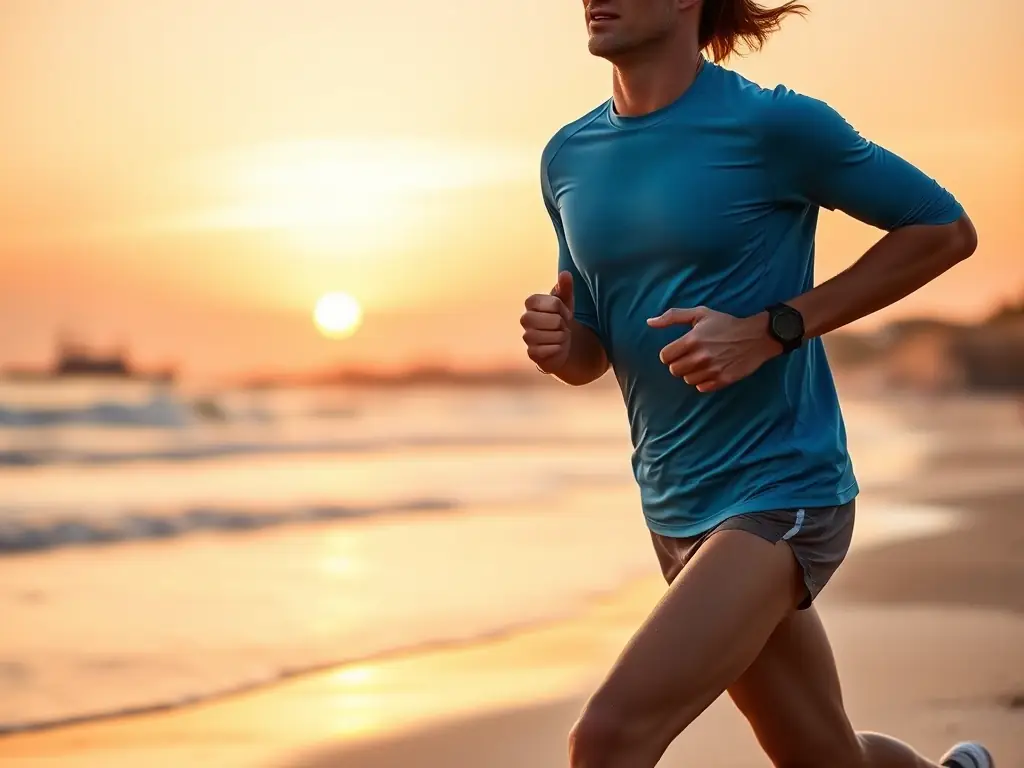 A person wearing a Miami Active performance shirt in ocean blue color, running on the beach at sunset.