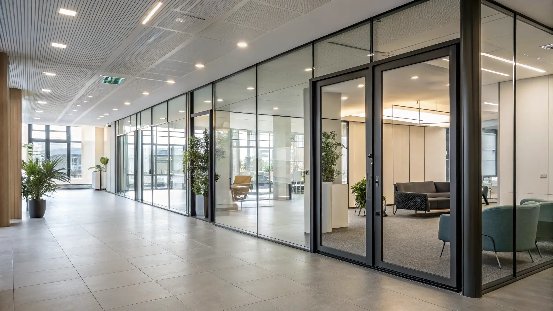 A sleek, modern image of automated doors in a commercial building, symbolizing innovation and professionalism, with a navy/blue color scheme to match the website theme.