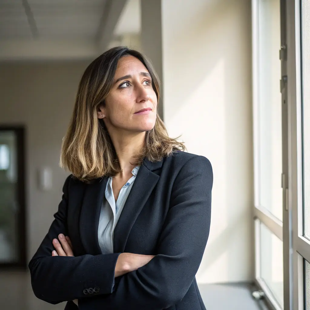 Sofia Garcia is a woman in her mid-30s with a confident presence, wearing a business casual outfit.