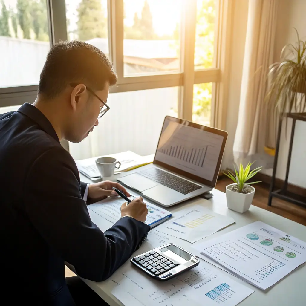 A professional accountant working on a computer with accounting software, showcasing a clean and organized workspace, reflecting efficiency and expertise.