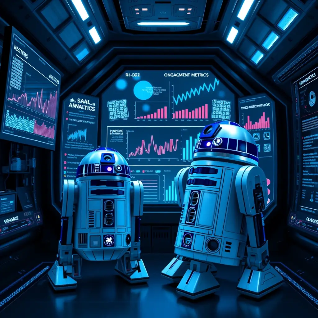 A futuristic, high-tech image depicting R2-D2 and OmegaCube collaborating in a digital marketing strategy session inside a secure, advanced bunker. The scene includes screens displaying social media analytics and engagement metrics, emphasizing the use of technology and data in social media marketing. The overall tone is innovative and strategic.
