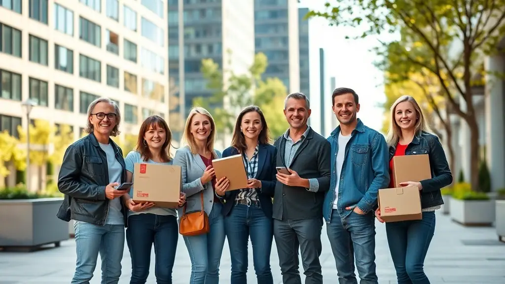A group of smiling people collaborating in an urban environment, possibly delivering goods or providing a service.