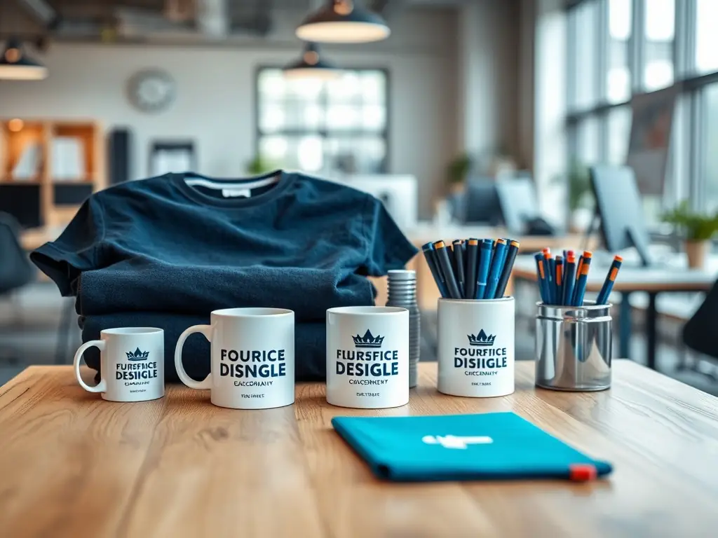 A clean, minimalist hero image for Logoware, a Danish B2B company specializing in promotional products. The image should feature a selection of high-quality promotional items (e.g., pens, mugs, t-shirts) subtly branded with different company logos. The background is a warm off-white (#fafaf7). The overall impression is professional, clean, and focused on showcasing the potential for branding products.