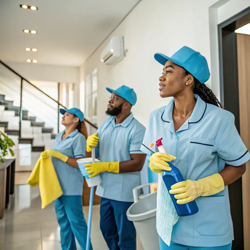 A sleek, modern image of a professional cleaning team in action, emphasizing cleanliness, professionalism, and premium service quality