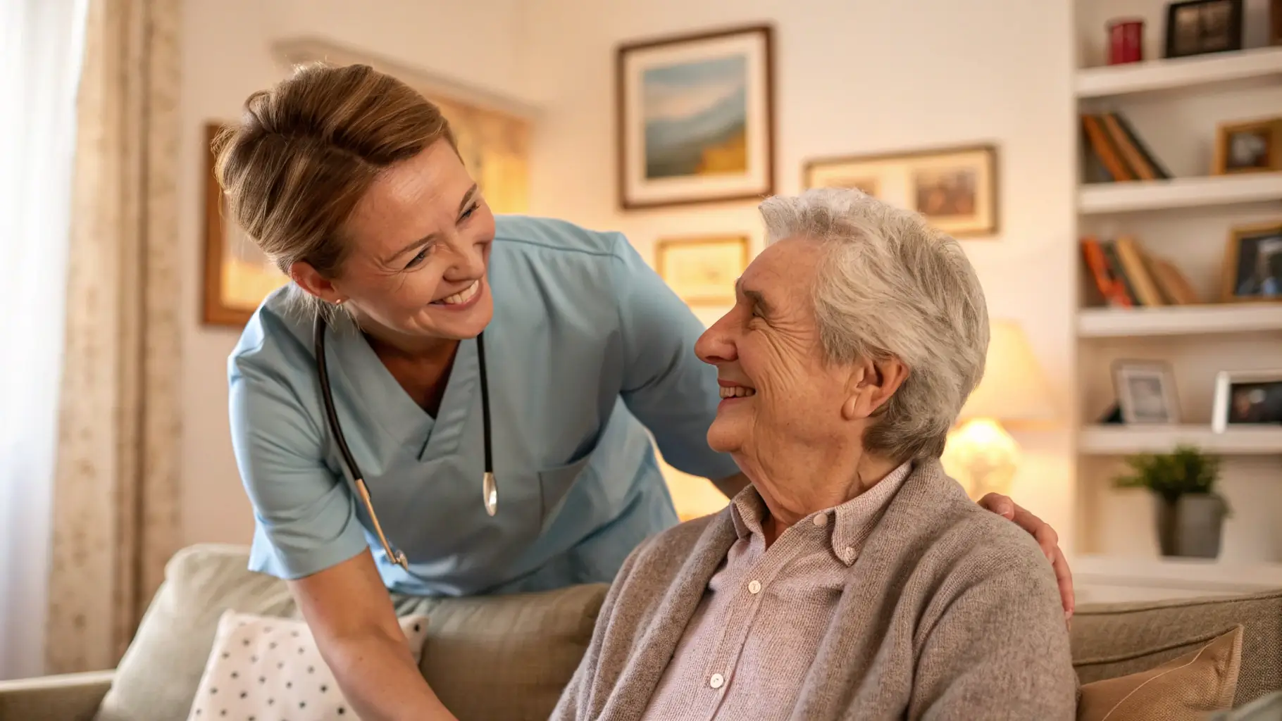 a professional healthcare worker assisting a patient in a home setting, with a friendly demeanor, in a well-lit environment, emphasizing trust and care