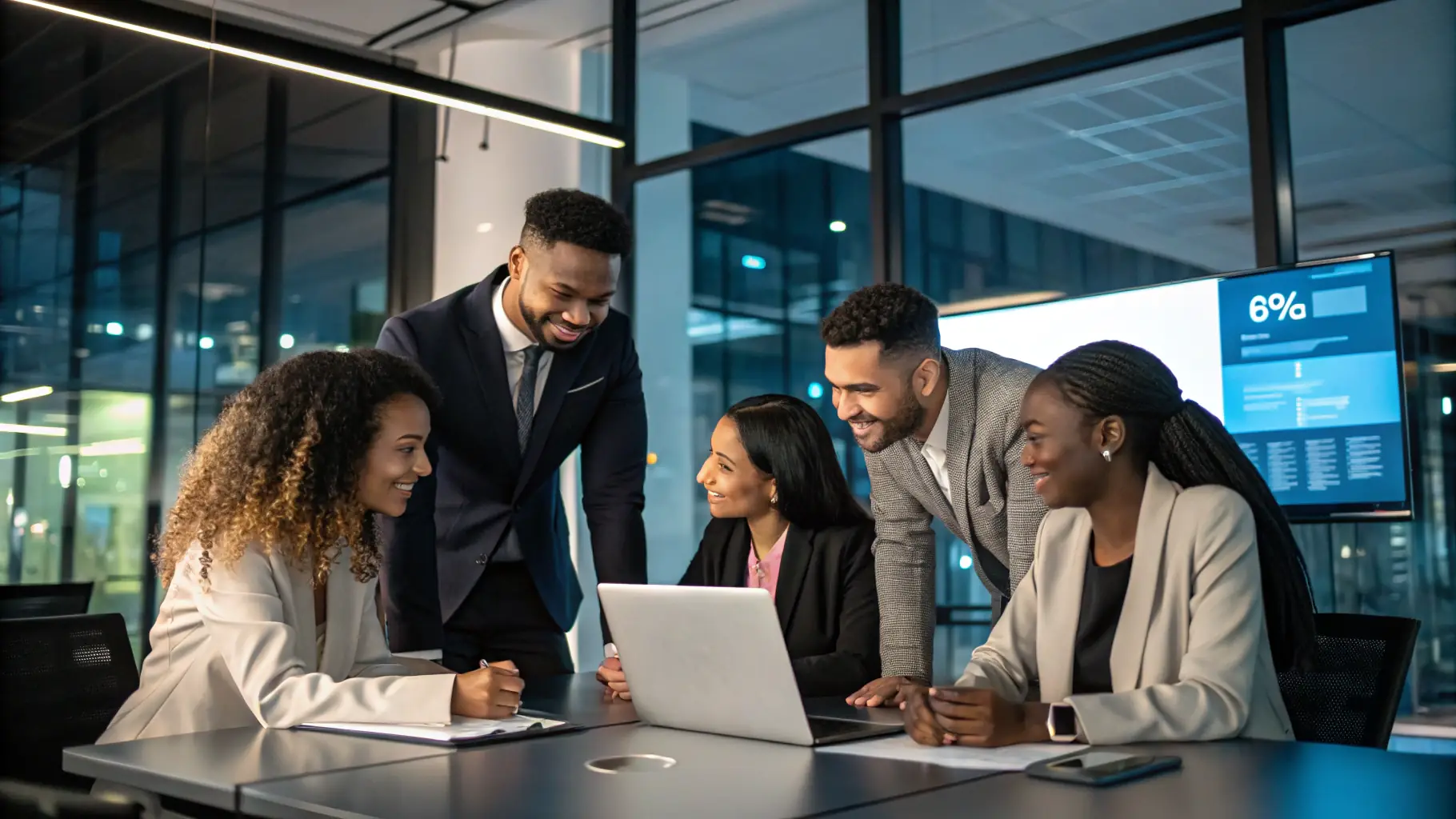 A diverse team of professionals collaborating in a modern office environment, symbolizing the global talent pool accessible through Standard Business Sponsorship.