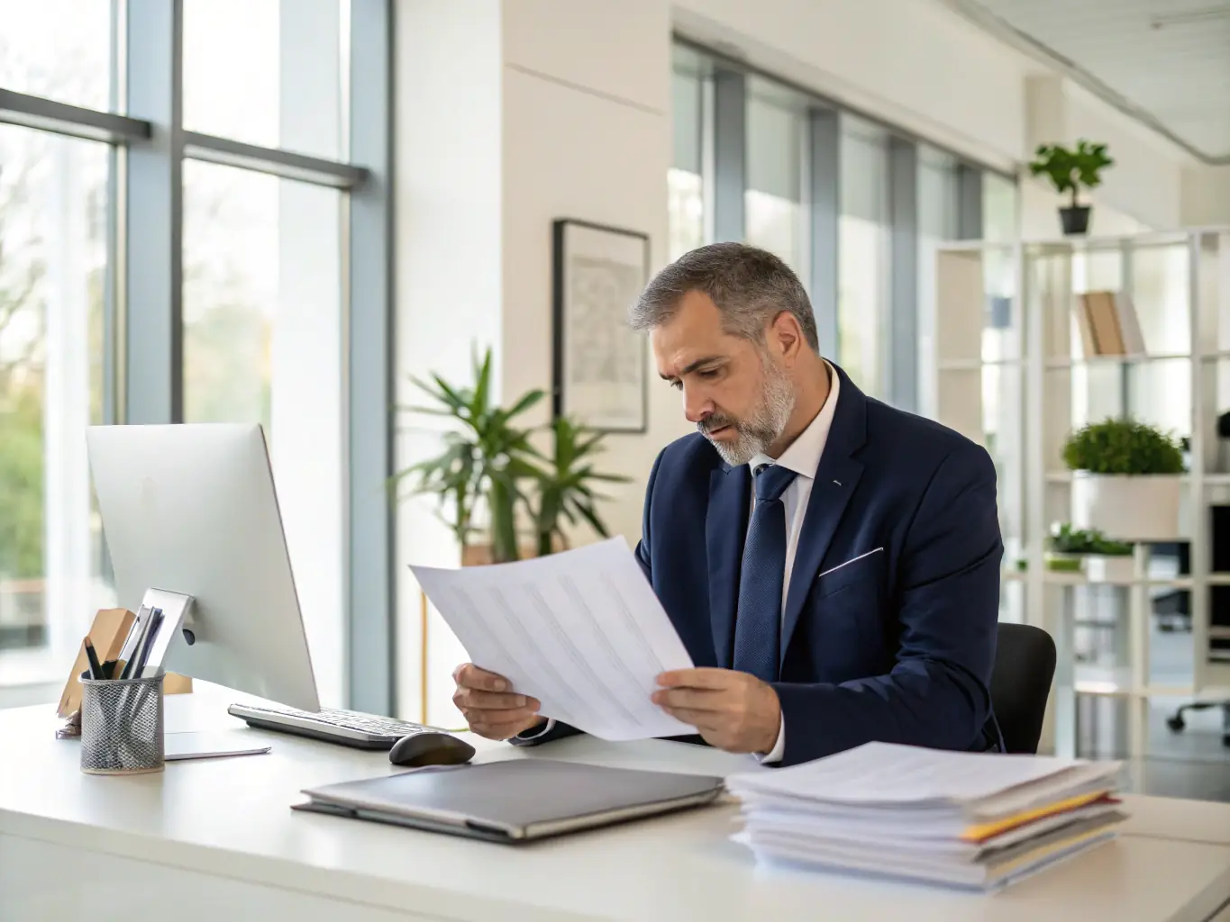 A professional sitting at a desk in a modern office, reviewing financial documents with a calculator nearby, symbolizing meticulous business tax preparation for legal professionals.