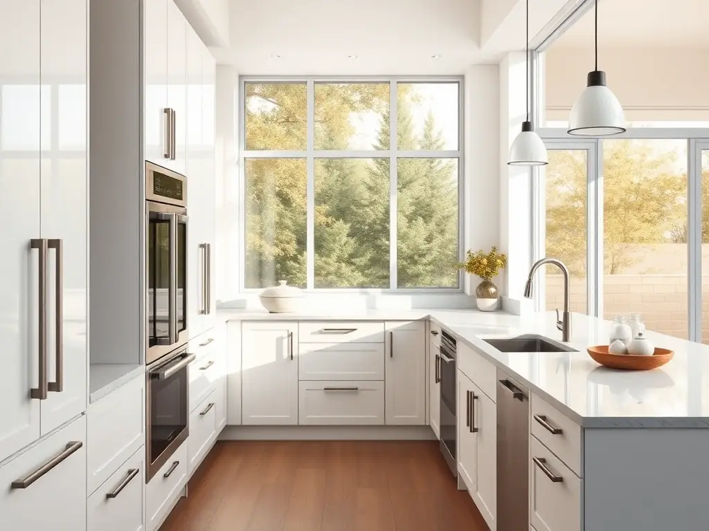 A modern kitchen with vinyl flooring and custom cabinets installed by VC Flooring and Stone.