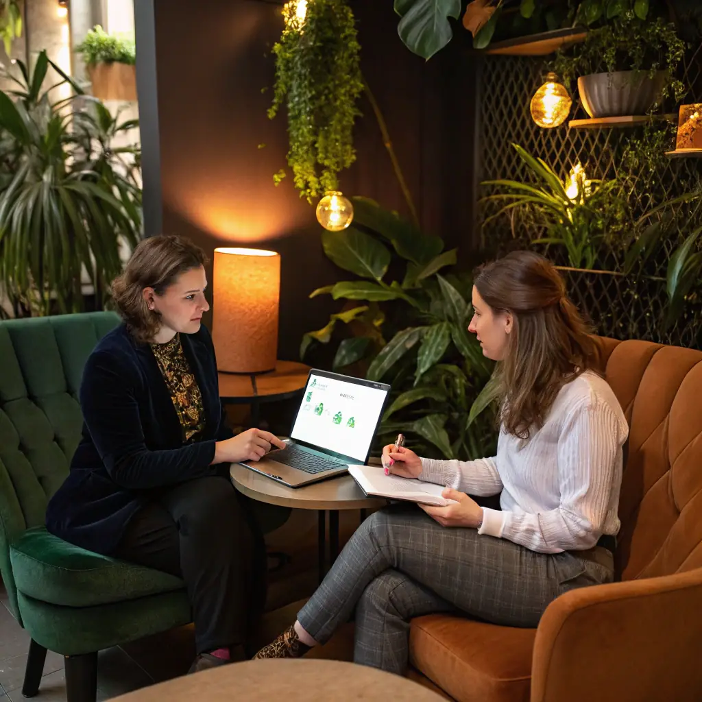 A consultant and a client collaboratively brainstorming on a whiteboard in a sunlit, modern office. The atmosphere is relaxed and focused, with plants in the background to represent the healing and regenerative focus of the consulting business.