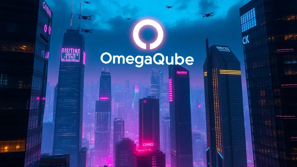 A futuristic cityscape with the OmegaCube and Google logos intertwined, symbolizing the partnership's innovative approach.