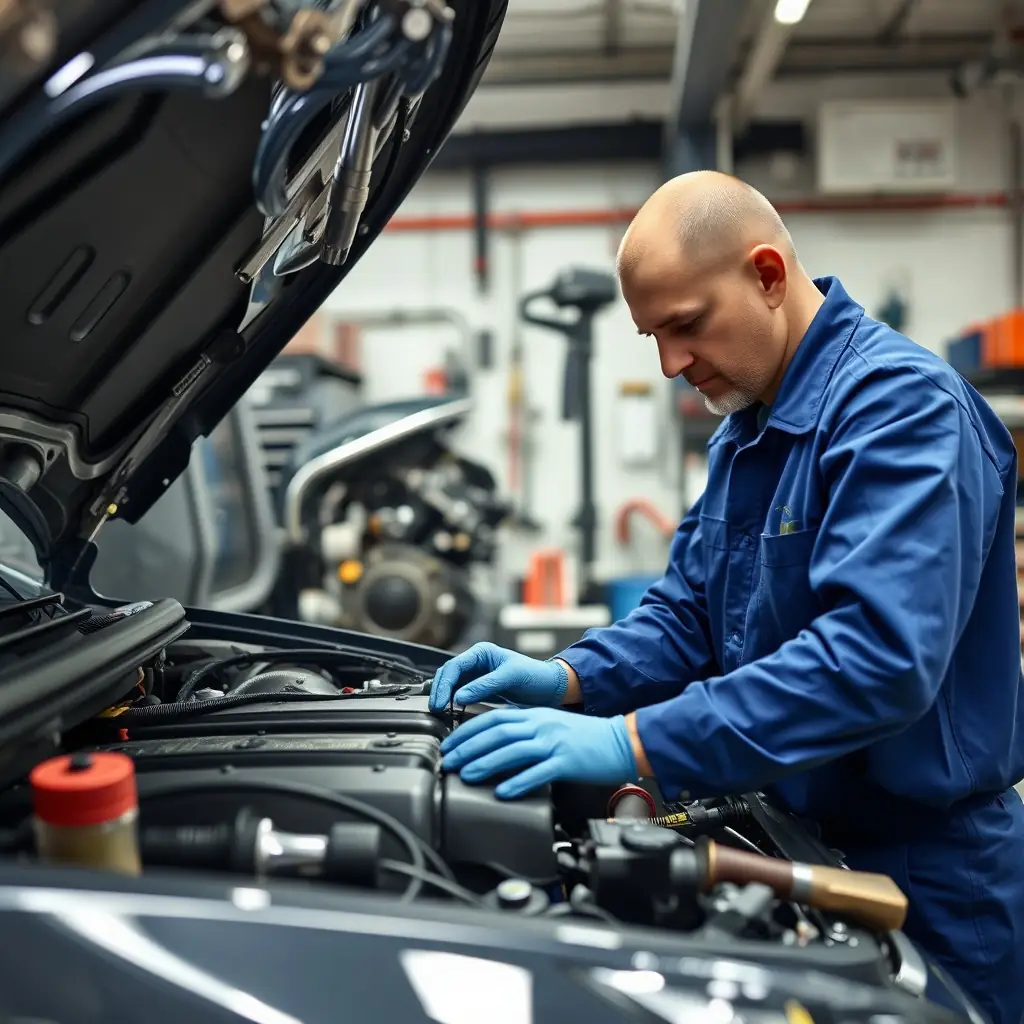 A sleek, modern image of a mechanic performing carbon cleaning on a vehicle engine, emphasizing cleanliness and technical expertise