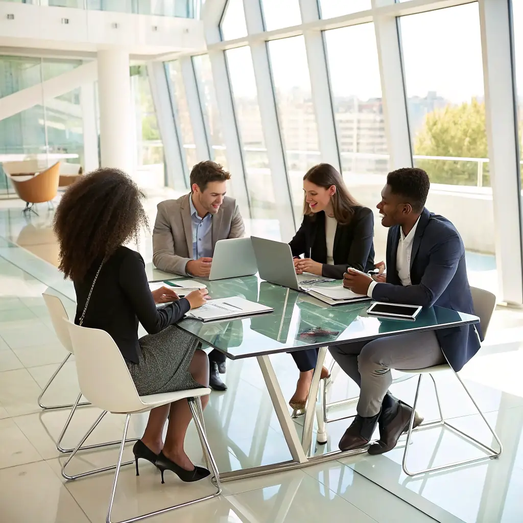A diverse group of professionals collaborating in a modern, eco-friendly office space, symbolizing the partnership-driven approach of EverGreen Sustainability in the smart living sector.