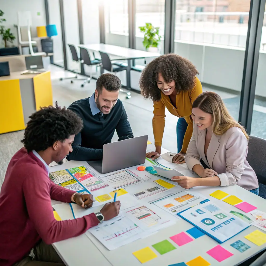 A diverse team of marketing professionals collaborating in a modern office space, brainstorming ideas and analyzing data on large screens.