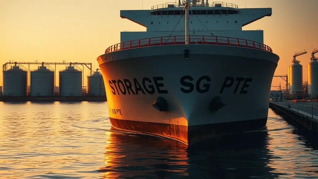 A large commercial tanker vessel docking at sea during golden hour, calm waters reflecting warm evening light. The vessel hull clearly displays “STORAGE SG PTE” in bold, aged maritime lettering, subtly weathered. Industrial tank storage terminal visible in the background with steel tanks and pipelines. Professional composition, cinematic but realistic lighting, corporate-grade photorealism, no people, no excessive stylization.