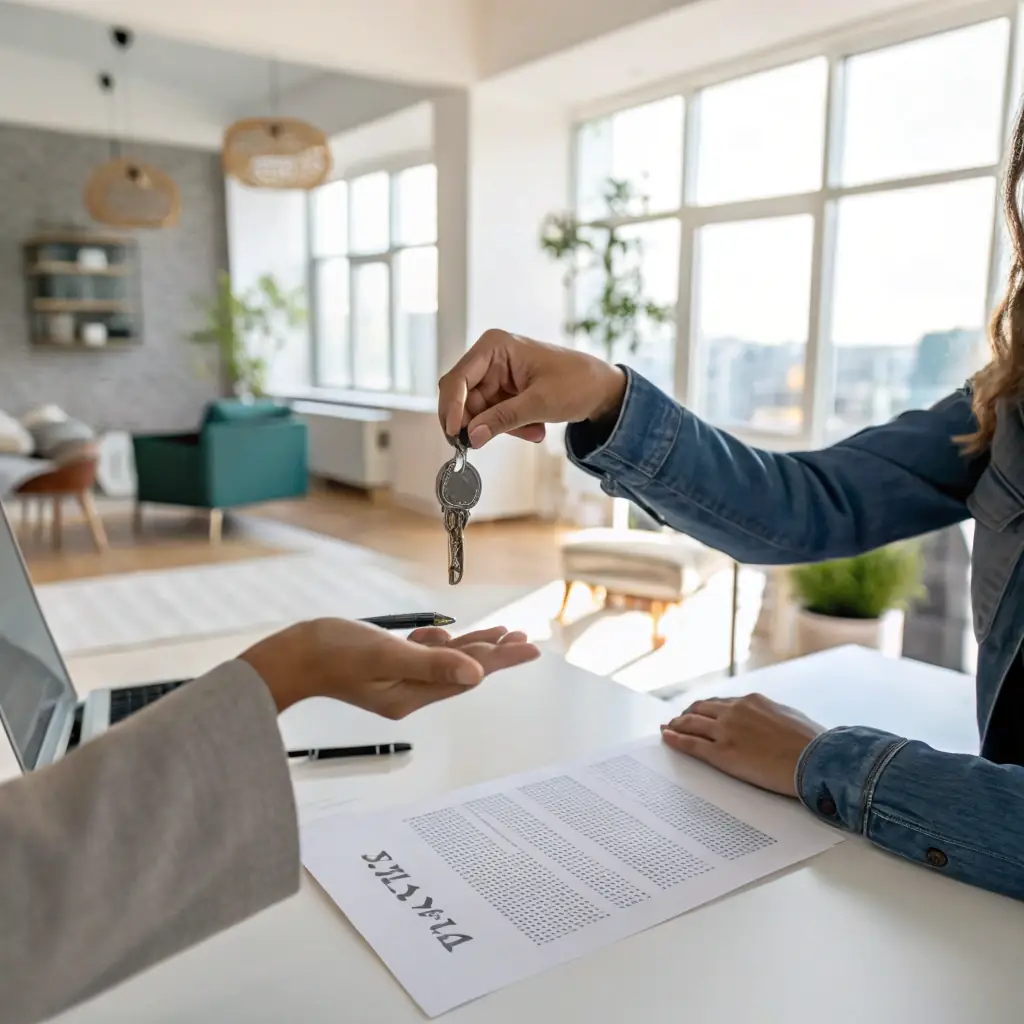 A friendly and supportive HR representative of Stahlkontor handing over the keys to a new, modern apartment to a newly hired welder, symbolizing the company's relocation support. The welder is smiling and grateful.