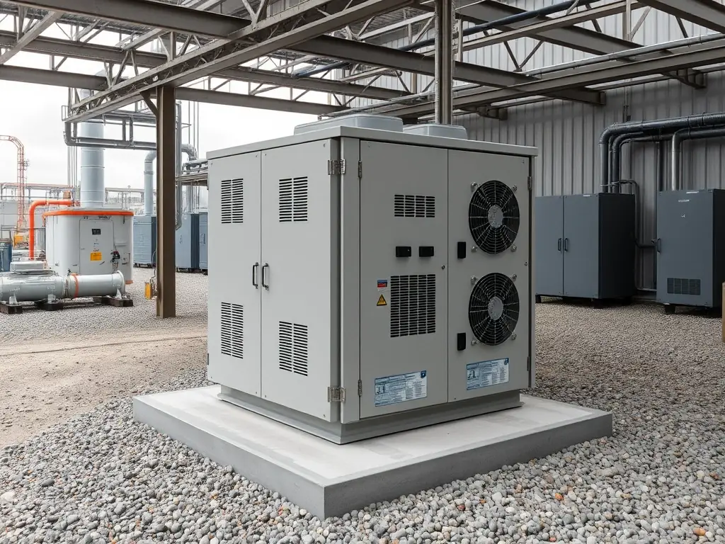 Image of a rugged outdoor energy storage cabinet installed in an industrial setting.