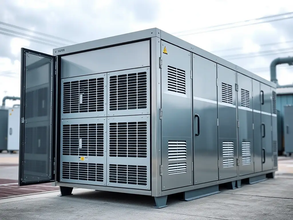 Close-up of a high-capacity outdoor energy storage cabinet with cooling and modular features.