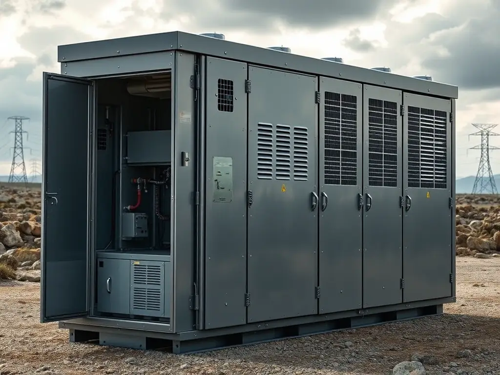 High-tech outdoor energy storage cabinet with cooling system and modular design, suitable for harsh environments.
