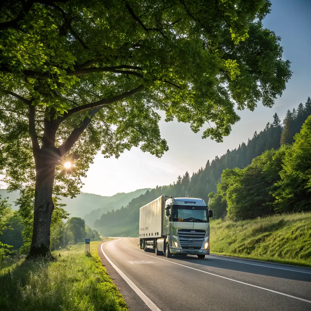 A modern diesel truck with a visual overlay highlighting the Hydrogien on-demand hydrogen generation system, emphasizing its compact size and seamless integration. The background shows a clean, green environment to represent reduced emissions.