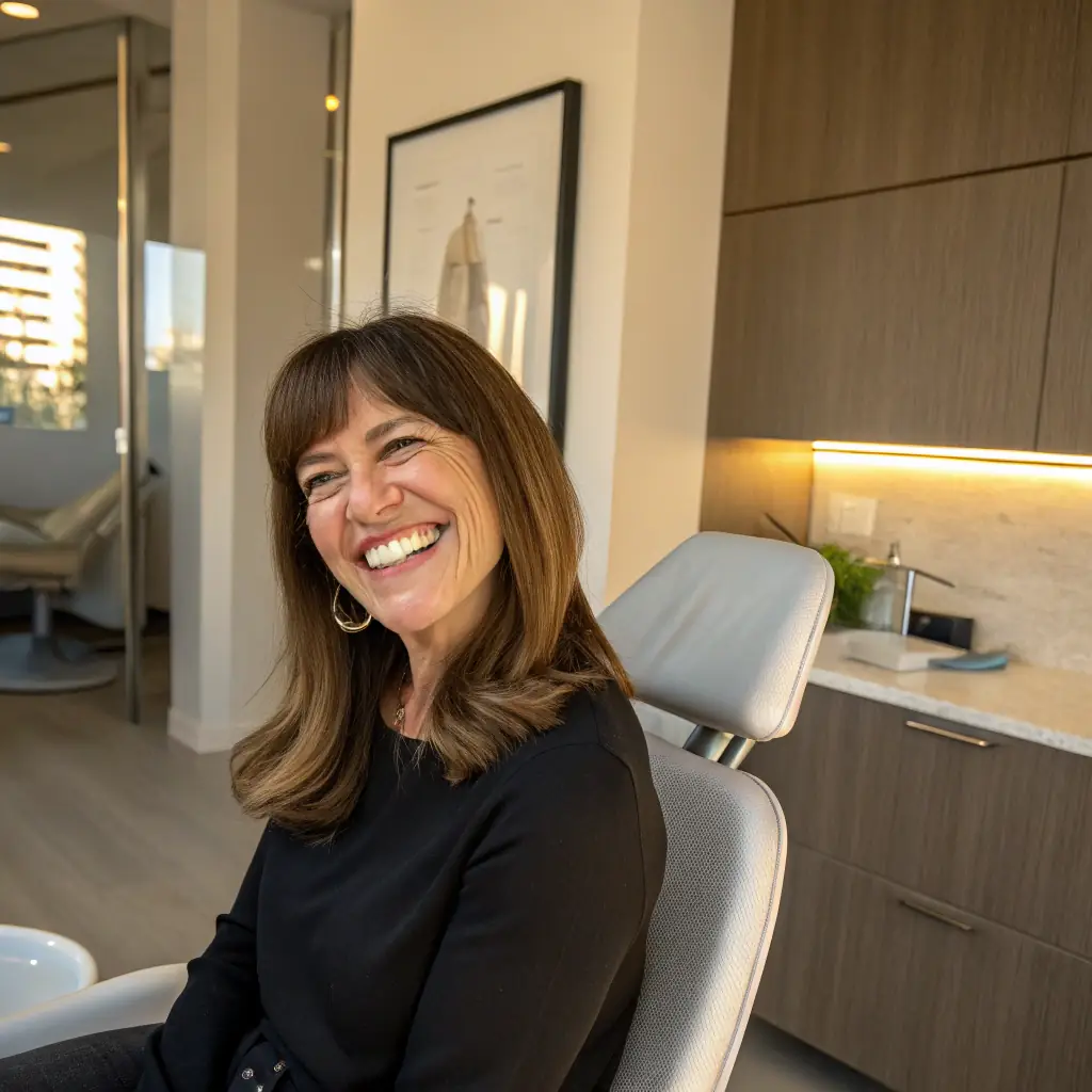 A close-up shot of a patient smiling confidently after receiving Zygomatic Implants at Ferdows Medical Center. The image should convey happiness and the natural look of the implants.