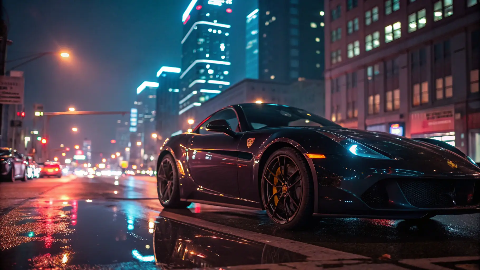 A dynamic shot of a sleek, customized luxury car illuminated under Atlanta city lights, capturing the vibrant and upscale atmosphere of Rocket Motorsports.