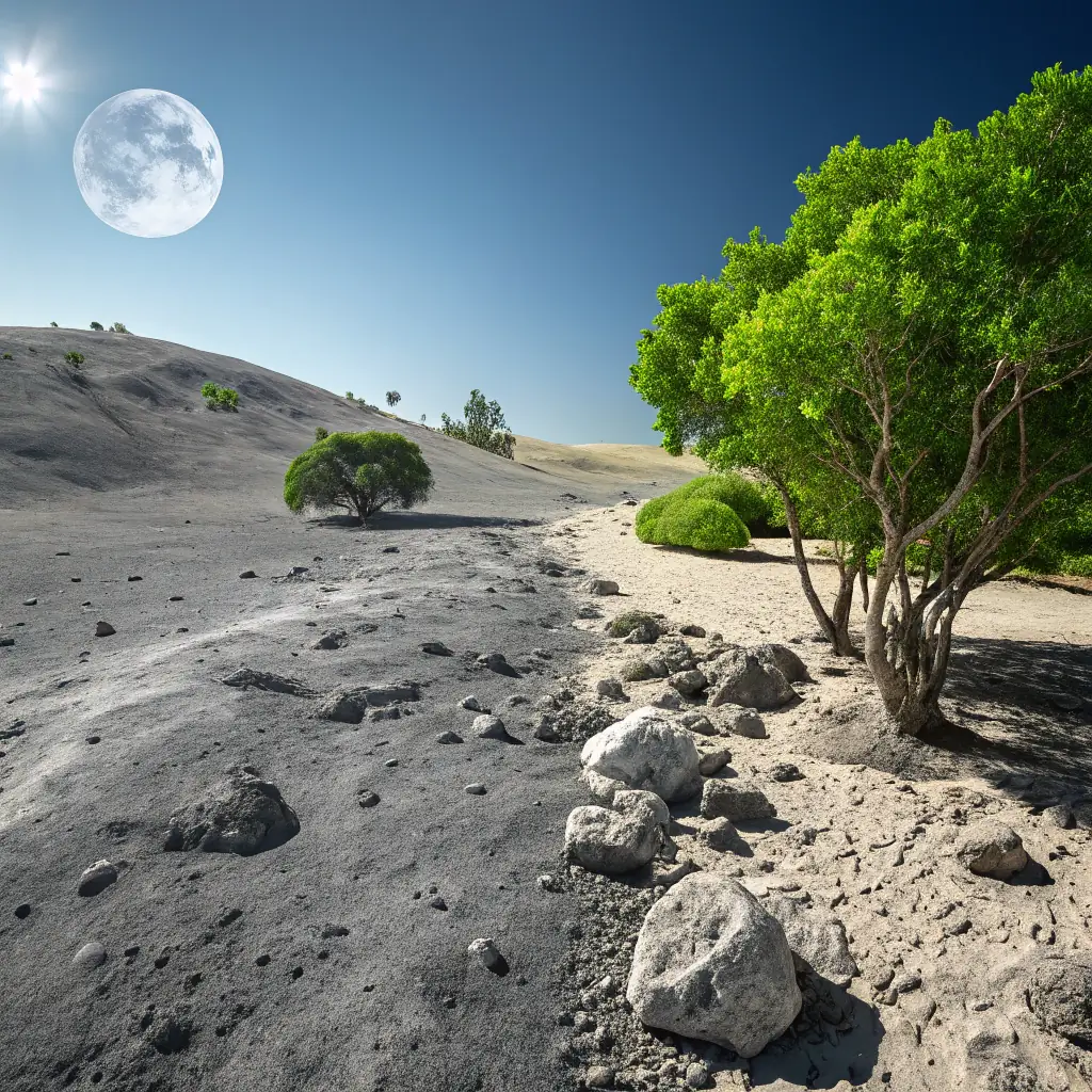 A split image showing a war-torn landscape on one side and a thriving home garden on the other, symbolizing the contrast between global conflict and individual self-sufficiency.