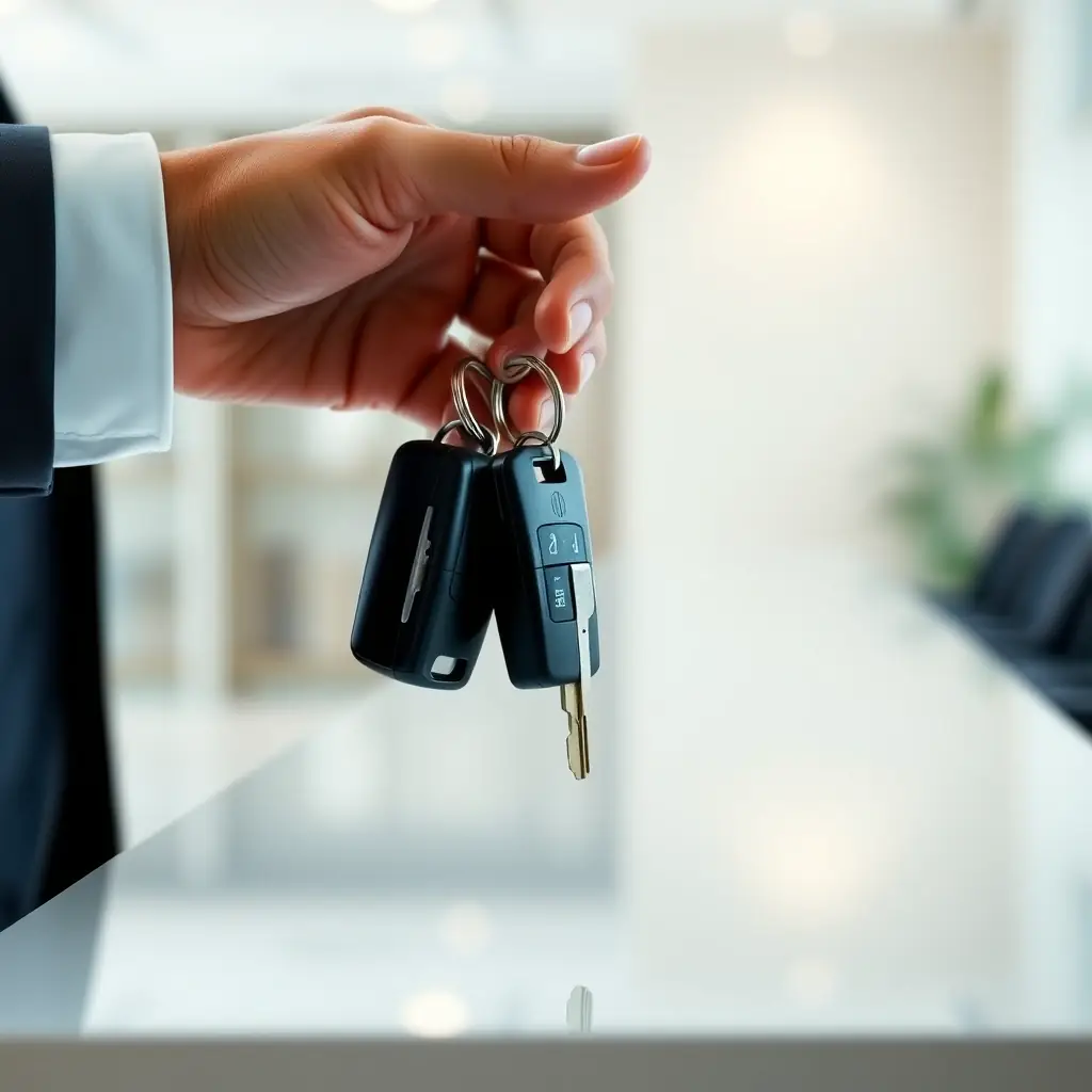 A close-up shot of car keys being handed over a counter, symbolizing quick and easy auto registration services.