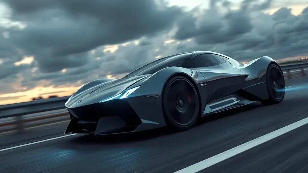 A futuristic hydrogen-powered vehicle moving fast on a highway.