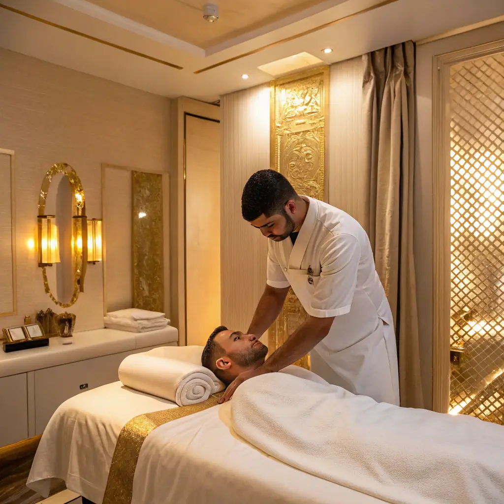 A serene image of a massage therapist gently massaging a client's back in a dimly lit room, creating a relaxing and peaceful atmosphere. The setting is a modern Dubai apartment.