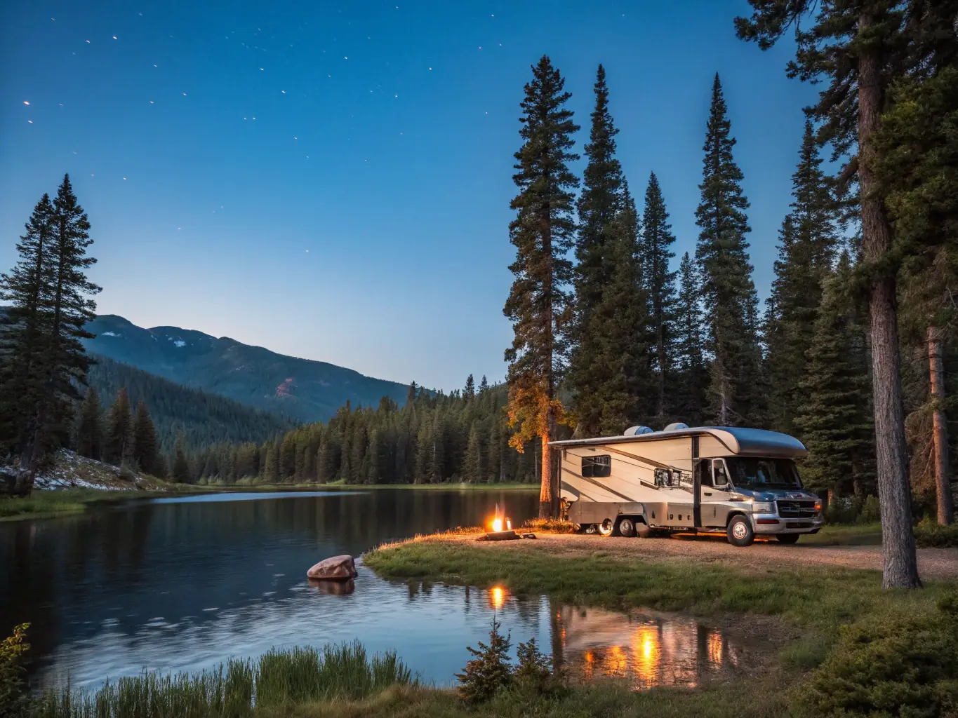 A scenic landscape in Quebec, Canada, featuring a LaFugue RV parked near a lake with mountains in the background. The image should evoke a sense of adventure and freedom.