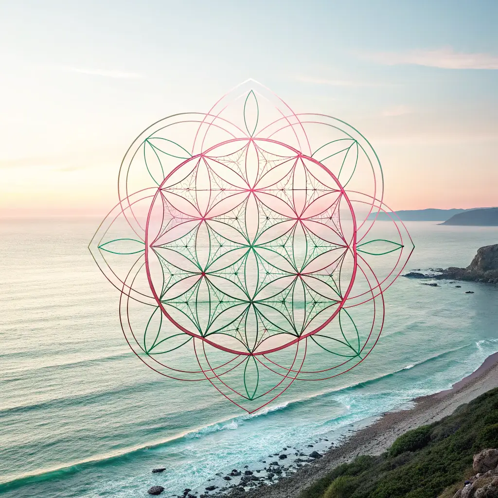 A subtly animated image of the Flower of Life symbol, glowing with soft, floral colors. The animation is gentle and calming, suggesting the interconnectedness of all living things. The image is used in the context of an online store promoting sustainable and self-sufficient living.