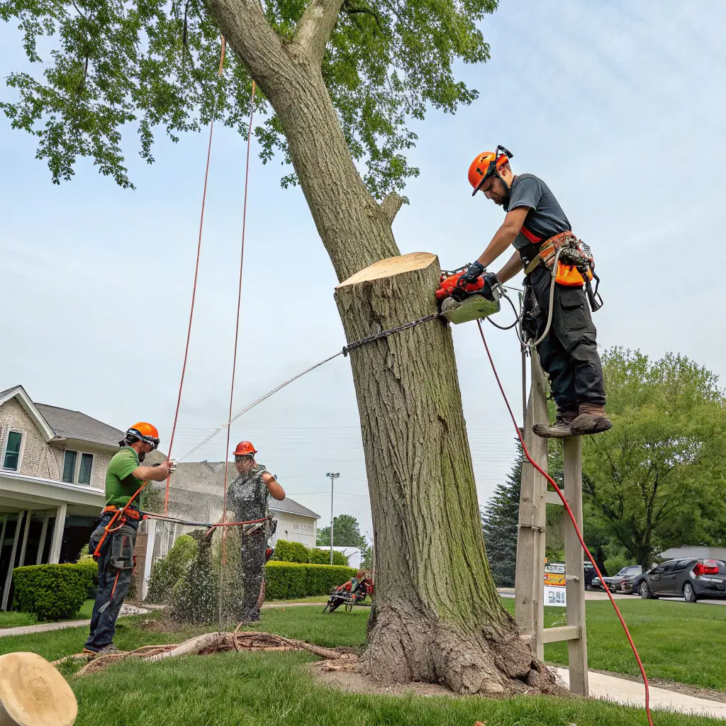 A JTE & Company crew expertly removing a large tree branch, showcasing their safety equipment and professional approach. The background shows a well-maintained yard and a happy homeowner observing the work.
