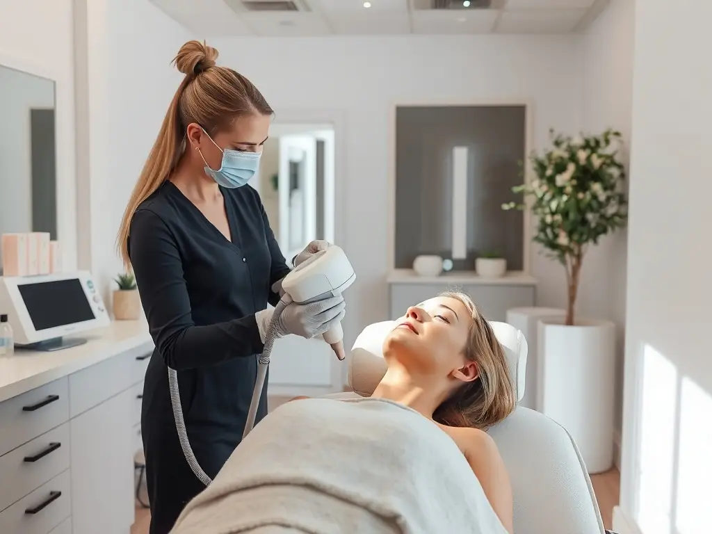 an image of a professional medical spa setting with advanced laser devices and a friendly aesthetician assisting a client