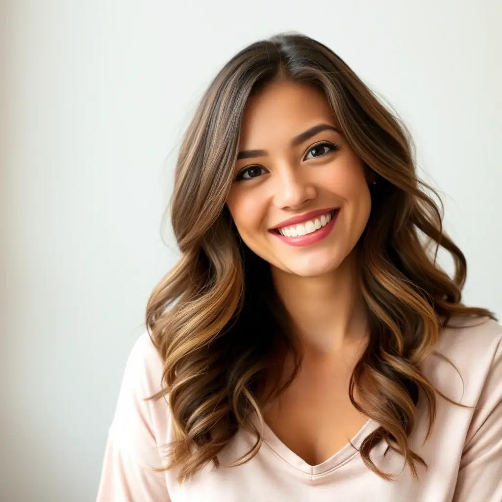 A woman with long brown hair and a warm smile, wearing a dress.