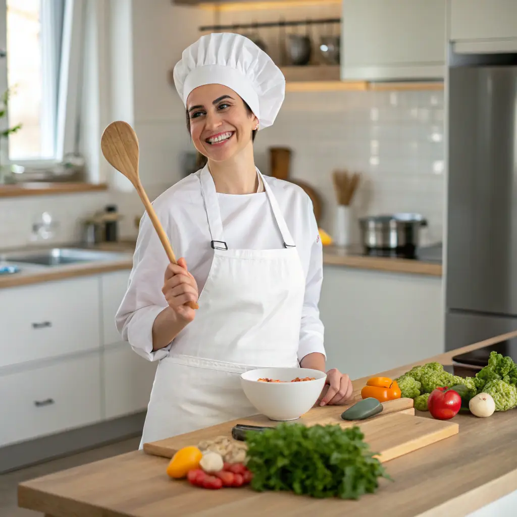 A woman with long blonde hair and a chef's hat, holding a spatula.