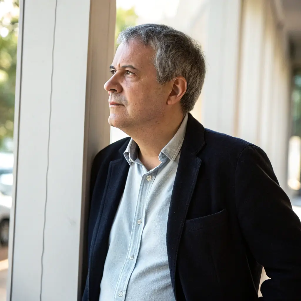 A man with short gray hair and a focused expression, wearing work clothes.