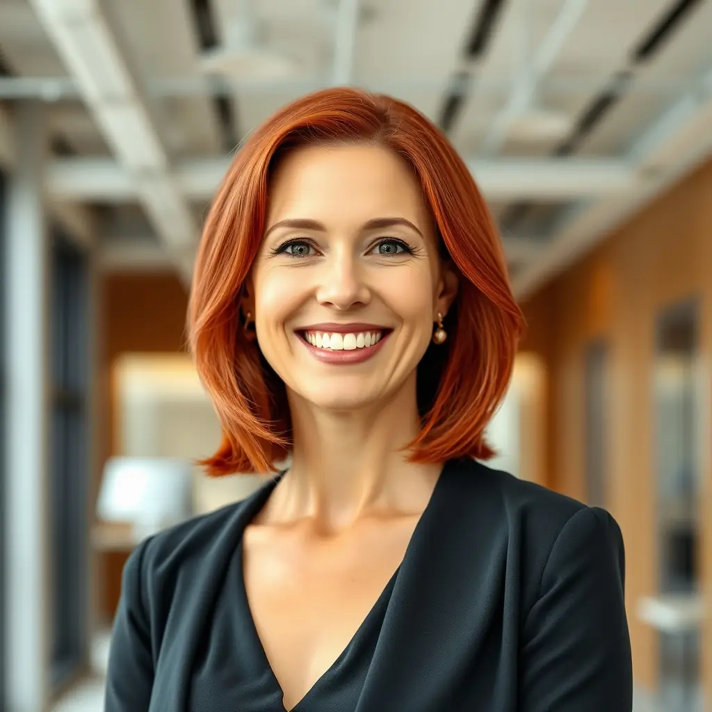 A woman with short red hair and a professional demeanor, wearing a uniform.