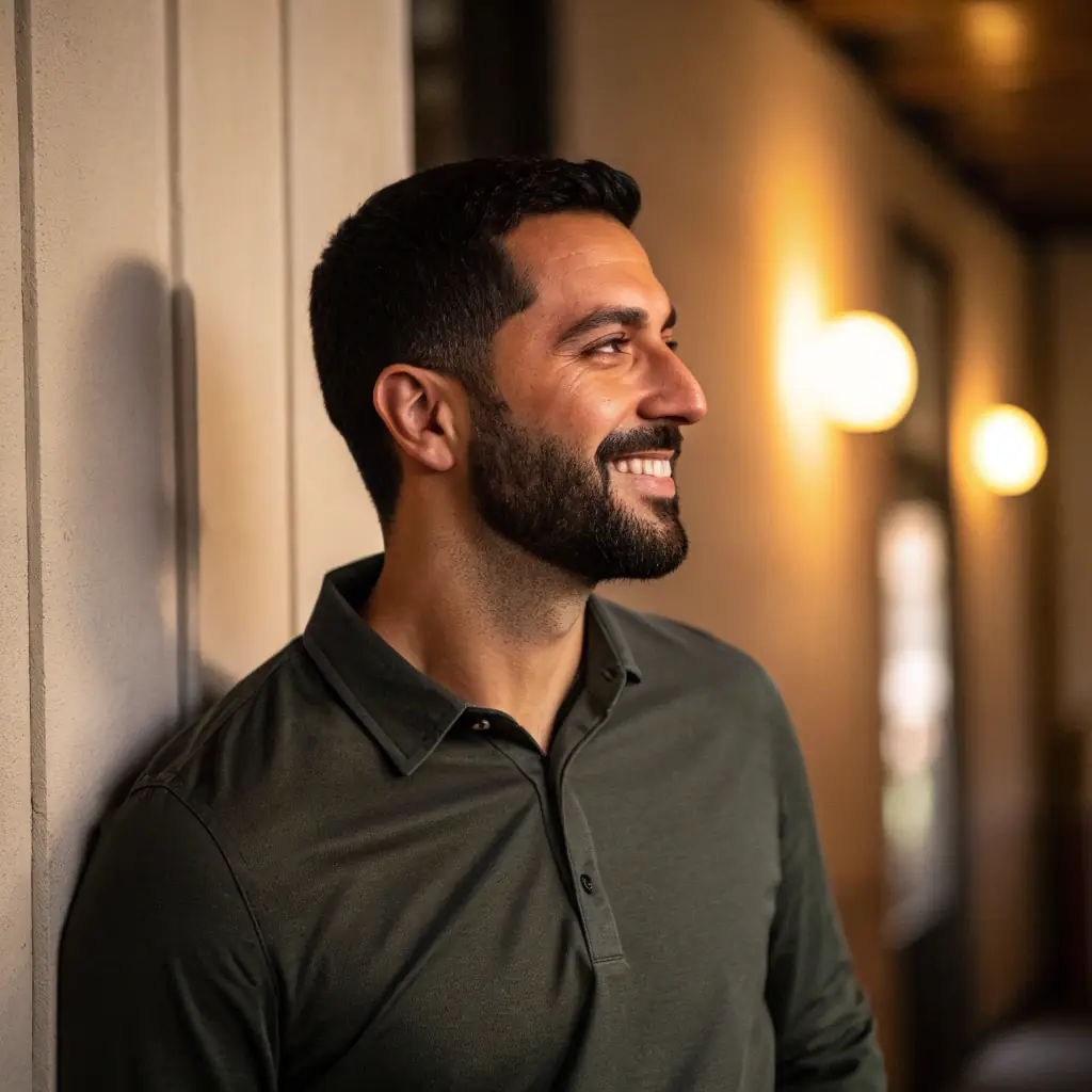 A smiling man with short brown hair and glasses, wearing a suit.