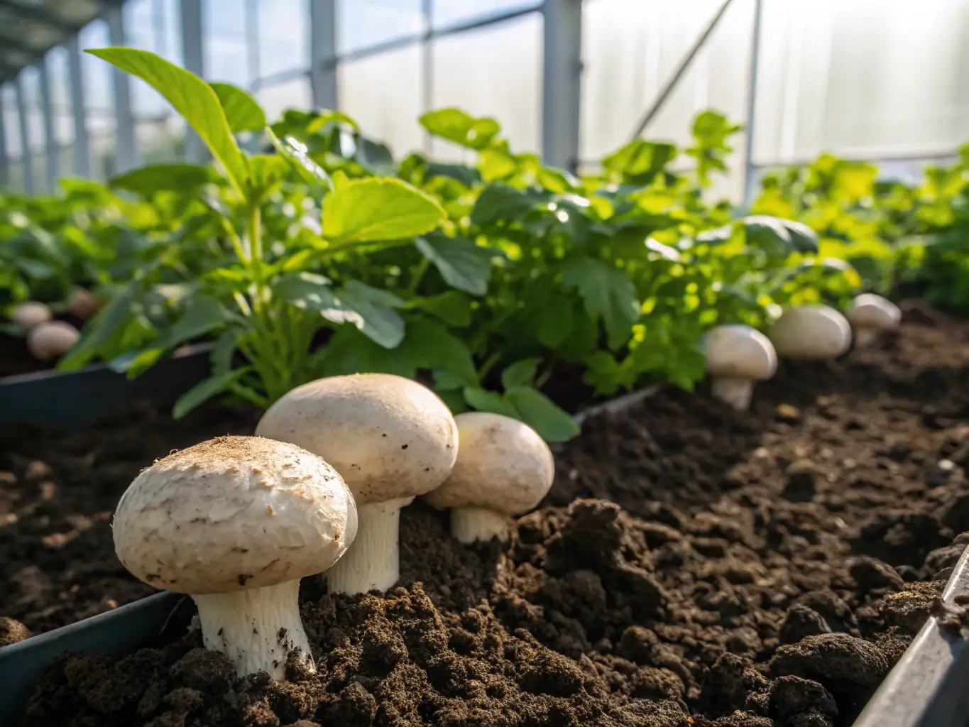 A close-up shot of Psilocybe Cubensis mushrooms growing in a controlled environment, bathed in soft, natural light.