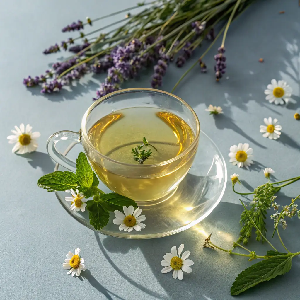 A close-up shot of steam gently rising from a freshly brewed cup of herbal tea, with various vibrant, fresh herbs like mint, chamomile, and lavender artfully arranged around the cup. The background is softly blurred to keep the focus on the tea and herbs, conveying a sense of warmth, health, and natural goodness. This image will be placed on the left side of the hero section to visually represent the healing power of herbal teas.
